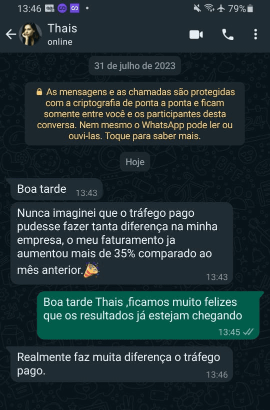 Depoimento de cliente V-one no WhatsApp